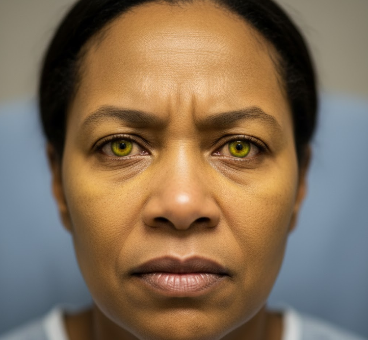 woman showing clear signs of jaundice, with yellowed skin and eyes, indicating a severe medical condition.
