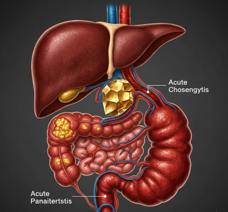 A medical illustration vividly depicting a lodged gallstone causing severe inflammation and blockage in the gallbladder, bile duct, and pancreas.