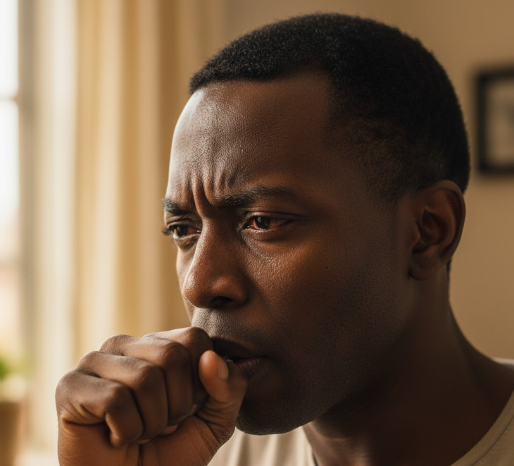 An image depicting a man experiencing phlegm cough, conveying discomfort and the body's defensive response.