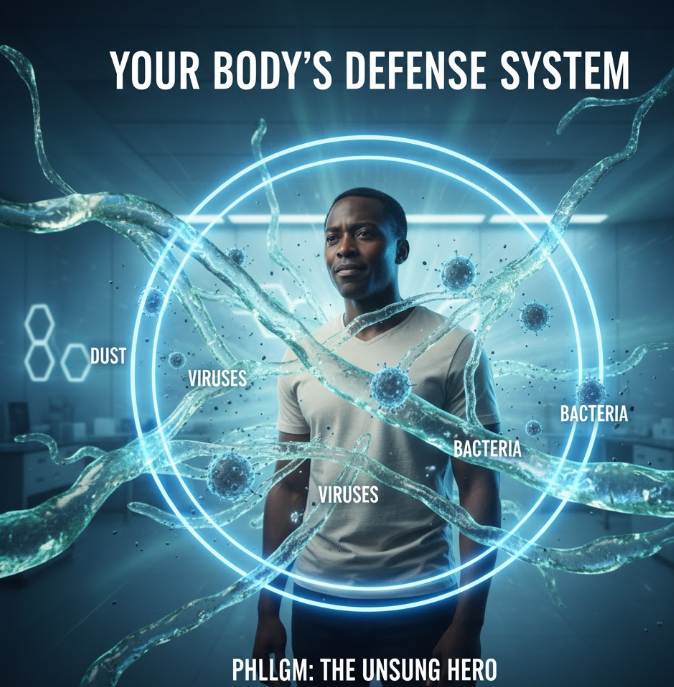 An image illustrating the protective function of phlegm, trapping harmful particles within its viscous structure.