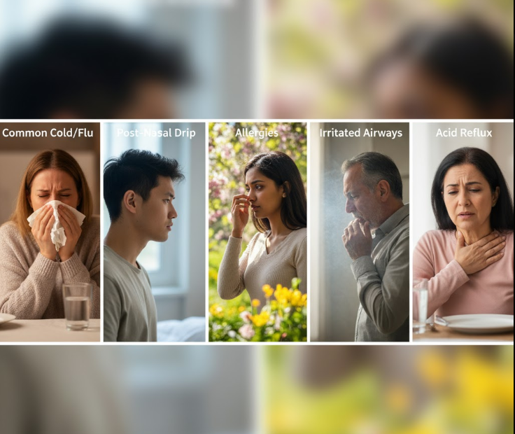 A visual breakdown of five common causes of phlegm, each depicted with a diverse individual experiencing the condition.