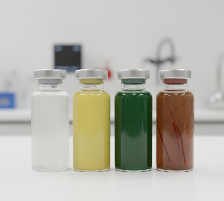 An image displaying four vials of colored liquids, visually categorizing phlegm by color to indicate different health conditions.