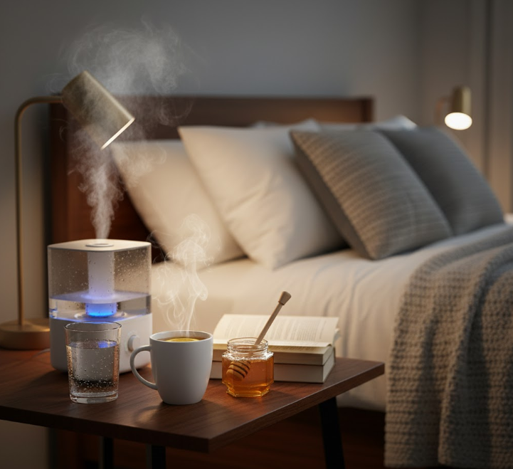 An image depicting a collection of home remedies on a bedside table, illustrating methods to relieve phlegm cough symptoms.