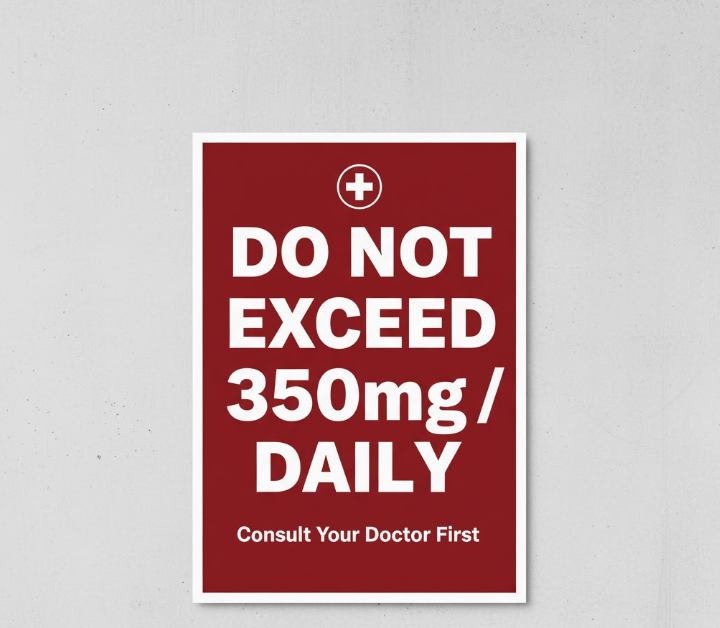 safety poster advising not to exceed 350mg of magnesium daily and to consult a doctor first.