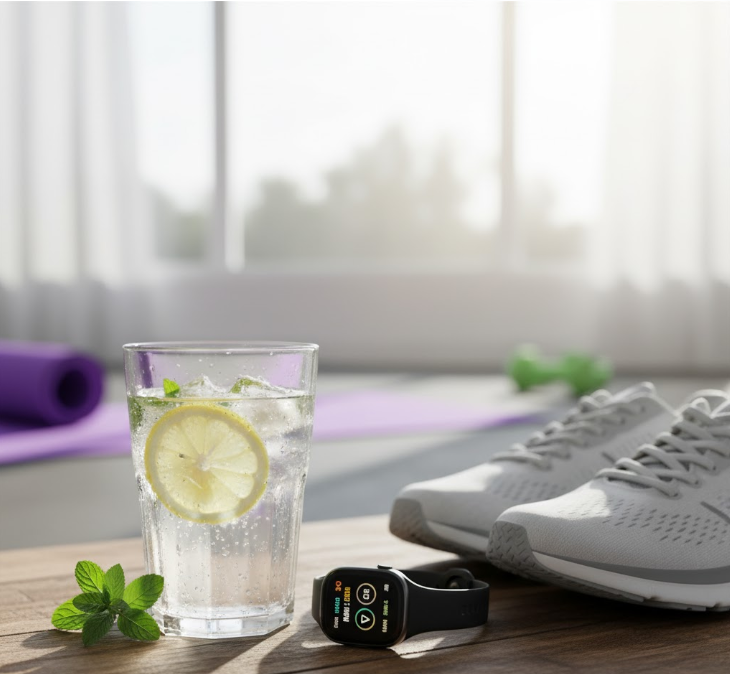 image of lemon water, athletic shoes, and a smartwatch, symbolizing hydration and readiness for a morning workout and weight management.