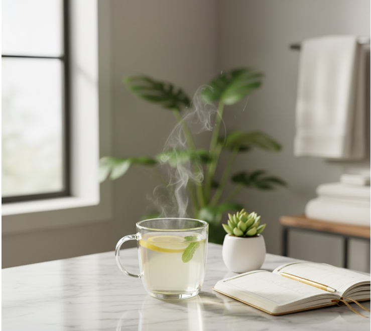 scene of warm lemon water on a bathroom counter, symbolizing a mindful morning ritual for women's holistic health.