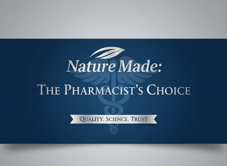 A modern poster for a vitamin brand with the exact text "Nature Made: The Pharmacist's Choice" in an elegant sans-serif font. The design aesthetic is clean and trustworthy, utilizing a deep blue and metallic silver color scheme.