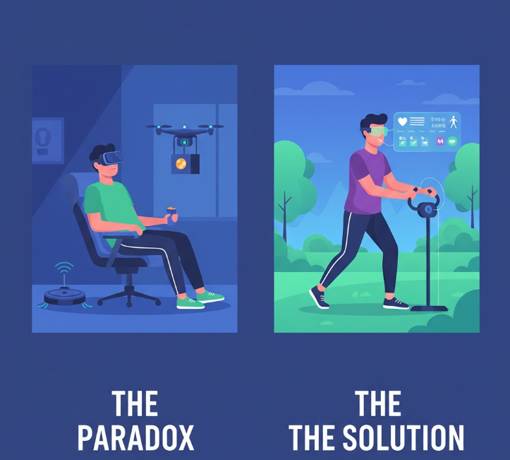 modern paradox of technology leading to physical inactivity, with a person absorbed in VR, contrasted with a solution: using tech for active well-being.