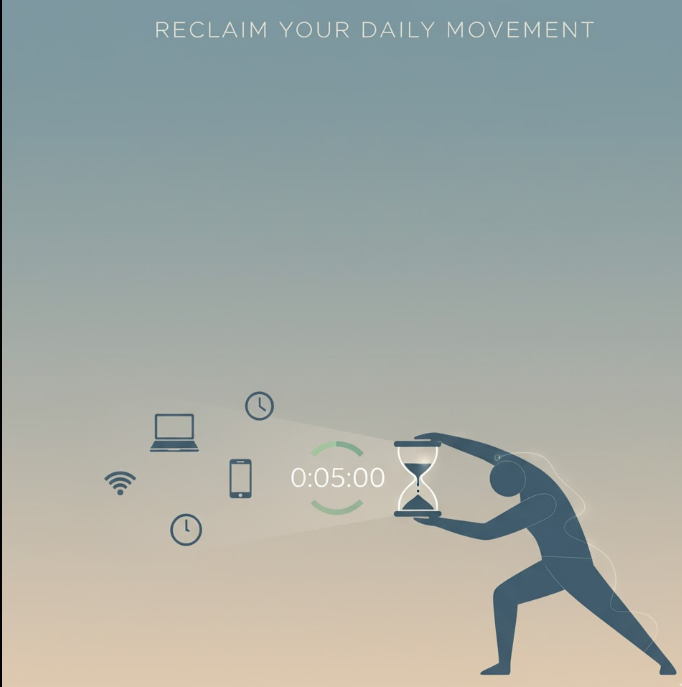 This flat design illustration captures the challenge of sedentary technology and the proactive solution of taking regular stretching breaks to combat inactivity.