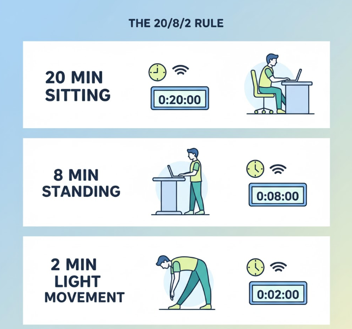 his flat design visually explains the "20/8/2 Rule" as a practical strategy to integrate regular movement breaks into a sedentary daily routine.