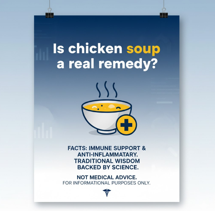 Poster detailing the scientifically-backed health benefits of chicken soup.