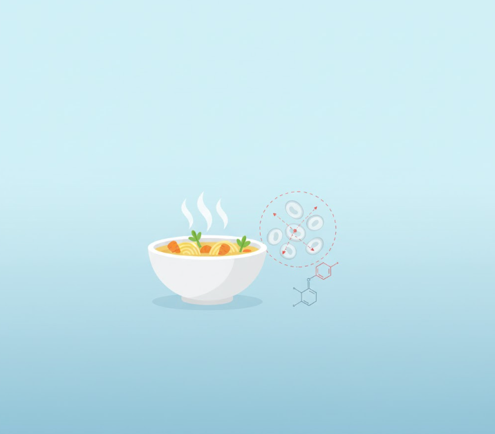 Minimalist illustration of a chicken soup bowl next to scientific graphics representing its immune-boosting properties.