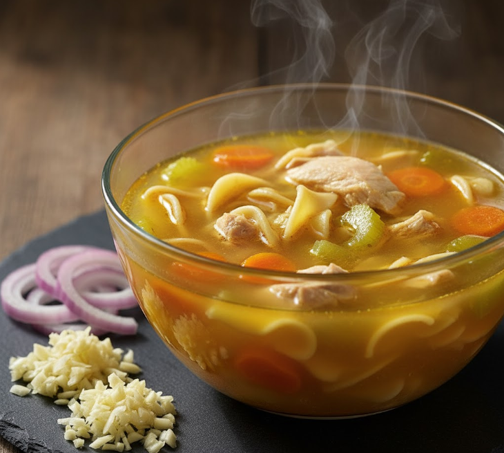 Clear glass bowl of steaming chicken soup with vegetables and noodles, alongside piles of fresh chopped garlic and sliced red onion on a dark slate surface.