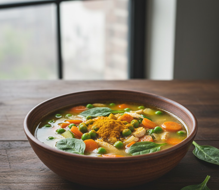 A ceramic bowl of vibrant chicken soup with colorful vegetables, spinach, and a sprinkle of turmeric, set on a wooden table by a window.
