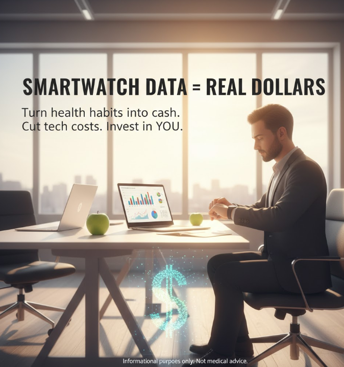 illustrates the concept of leveraging smartwatch data for financial gain, promoting a healthy lifestyle and smart investment in personal well-being.