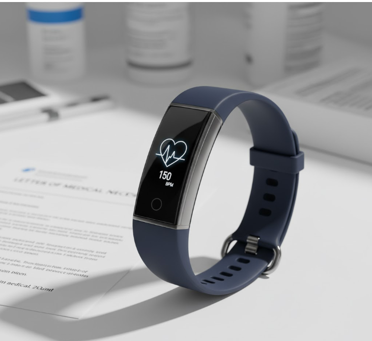 This image features a fitness tracker alongside medical documents, illustrating how Health Savings Accounts (HSAs) can be used for health tech purchases with a Letter of Medical Necessity.