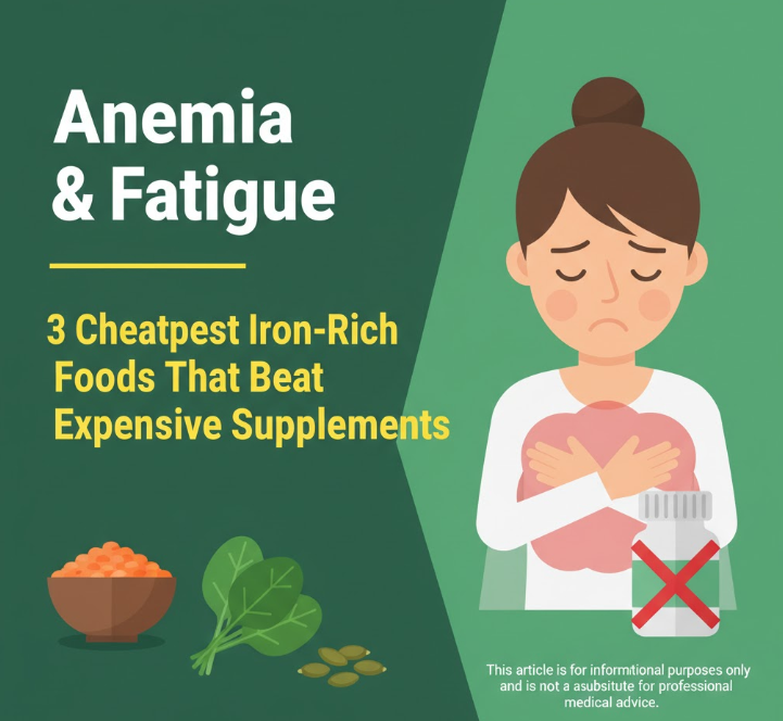 A vibrant, clear poster advocating for affordable, iron-rich foods as a superior alternative to costly supplements for alleviating anemia and fatigue.