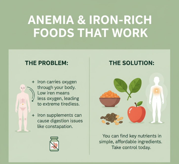 A health infographic promoting iron-rich foods as an effective, natural alternative to supplements for combating anemia and improving energy.