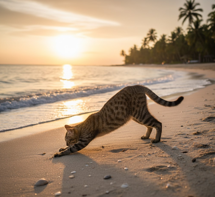 A peaceful image of a cat doing yoga on a beach at sunrise.