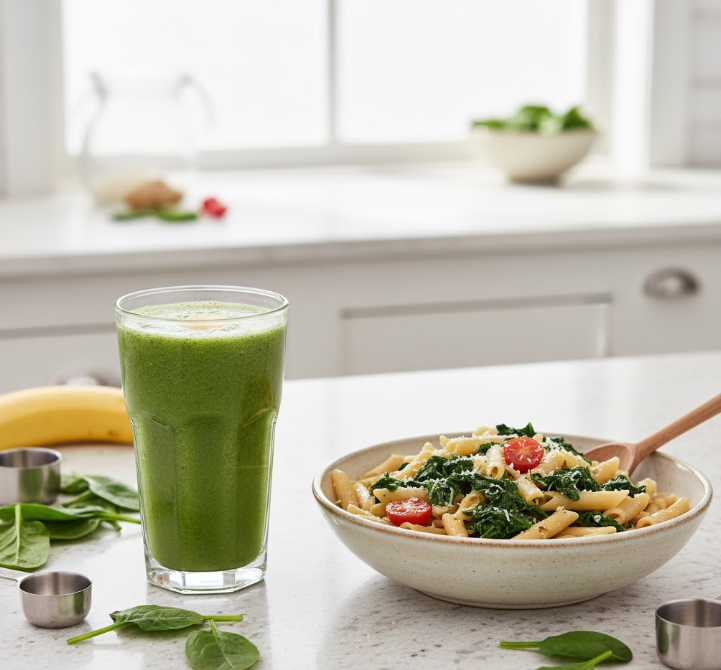 A fresh green smoothie and pasta with spinach, illustrating easy ways to incorporate iron-rich spinach into daily meals.