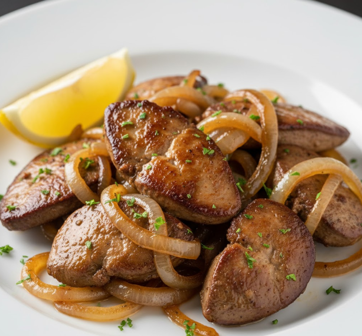 Sautéed chicken liver with caramelized onions and a lemon wedge, showcasing a highly bioavailable iron source.