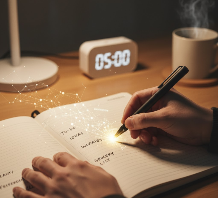 An image illustrating the concept of a "brain dump" where mental burdens are transferred to paper, leading to mental relief and clarity.