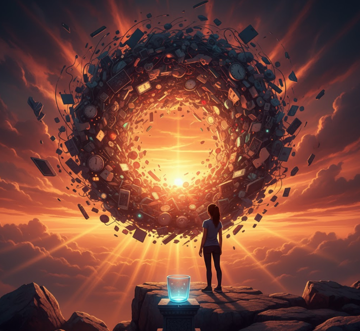 An image illustrating mental congestion as a chaotic vortex, symbolizing the need for a "brain dump" to alleviate stress and anxiety.