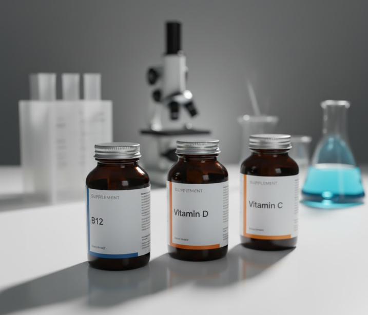 A product mockup photo of science-backed B12, D, and C supplements.