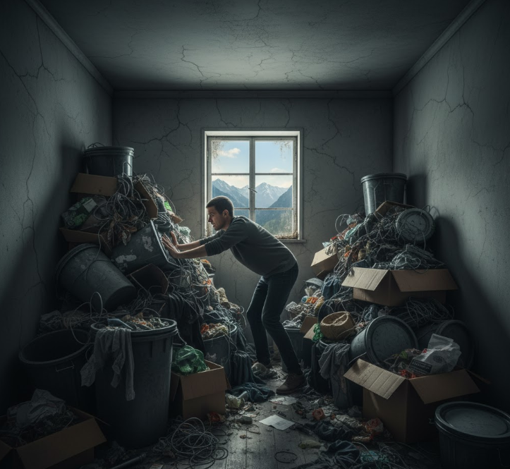An image depicting a person physically suppressing overflowing trash in a dark room, symbolizing the ineffectiveness of emotional suppression and its link to anxiety and burnout.