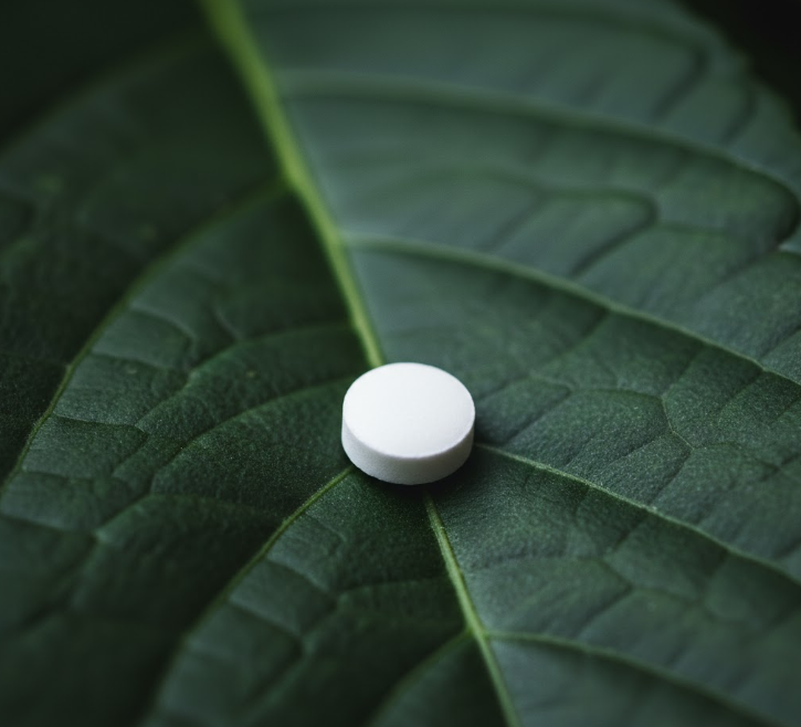 A single Vitamin K2 pill rests on a vibrant green leaf, symbolizing natural health and wellness.