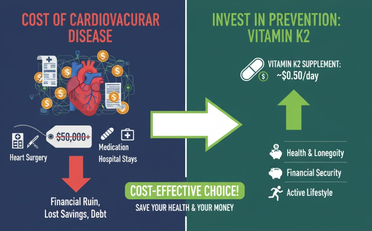 An infographic comparing the high costs of cardiovascular disease treatment with the low cost of Vitamin K2 for prevention.