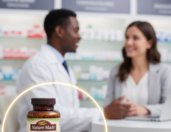 An image highlighting a Nature Made product and personalized health guidance from a pharmacist.