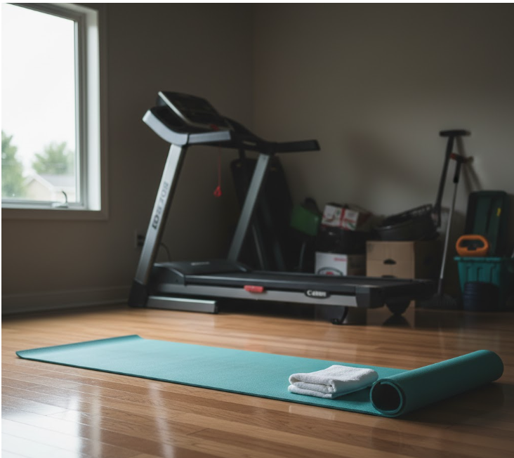 This image contrasts a cluttered, unused treadmill with a simple, effective bodyweight workout setup, symbolizing financial prudence and practical fitness.