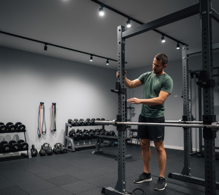 This image showcases a smart shopper inspecting a used power rack, emphasizing cost-effective and safe ways to build a home gym.