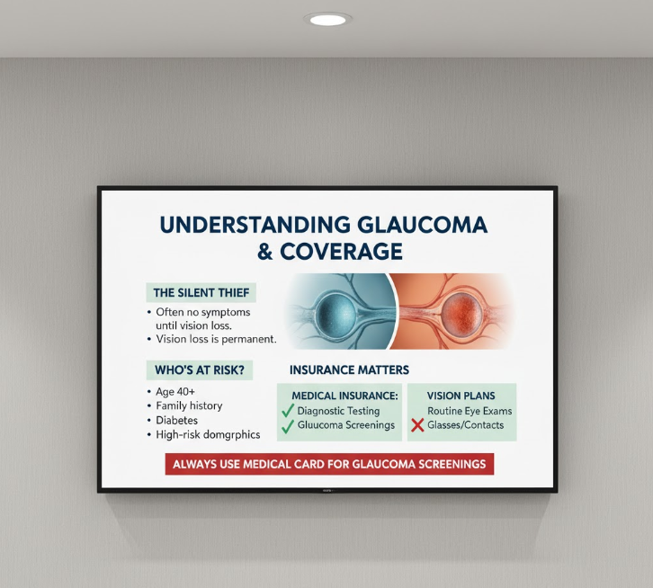 An image summarizing key information about glaucoma, its detection, and proper insurance coverage.