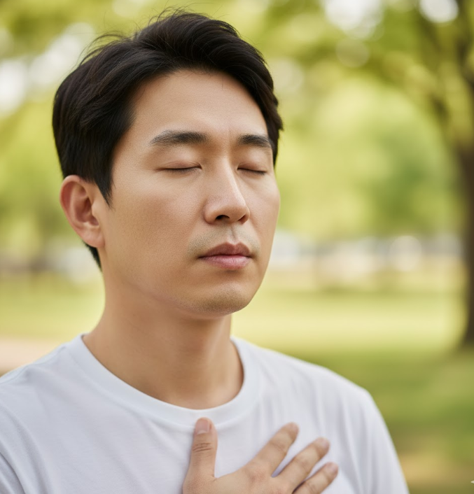 man practicing Box Breathing with his eyes closed in a serene park setting, illustrating a moment of calm and focused stress relief.