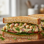 Close-up photo of a chickpea salad sandwich on toasted bread, showing the creamy texture and fresh herbs.]