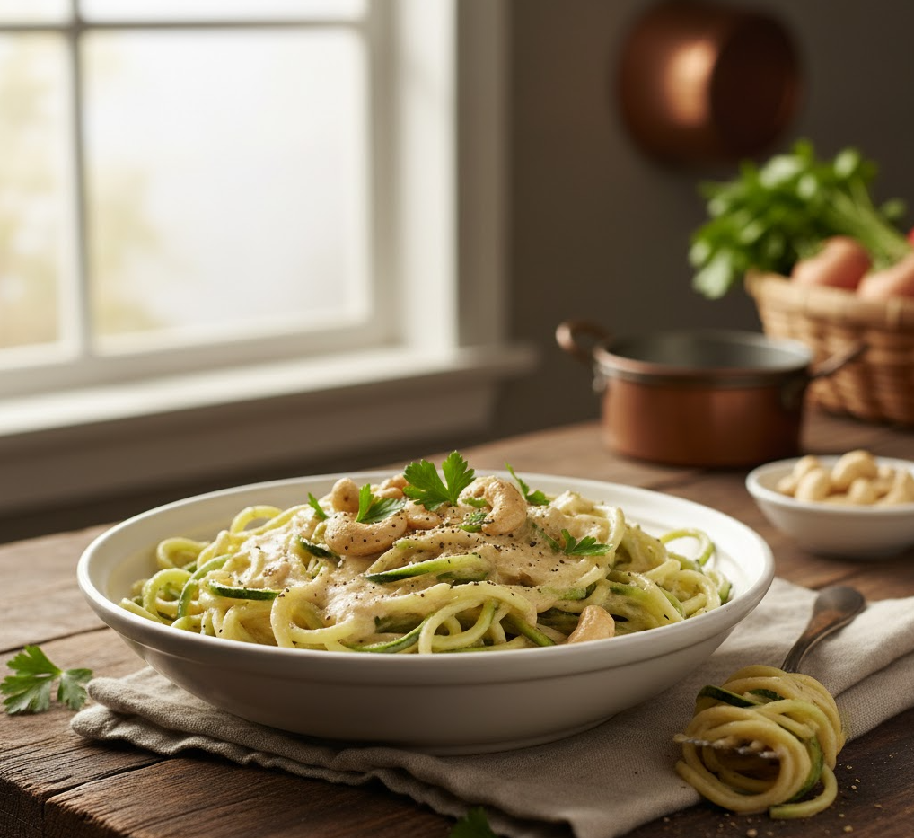 A close-up shot of creamy vegan cashew alfredo pasta in a white bowl, garnished with parsley.