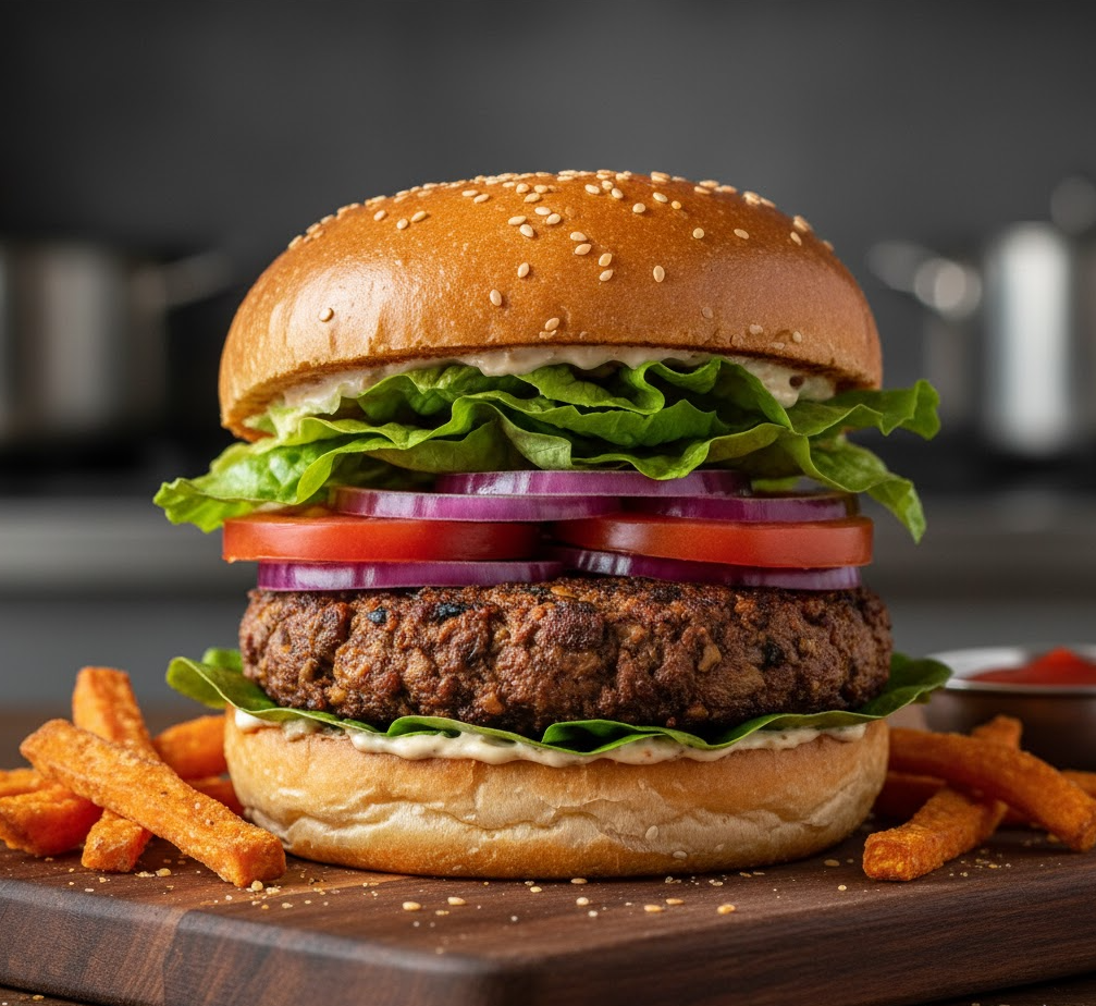 A tall vegan burger with a thick mushroom-walnut patty and fresh toppings.