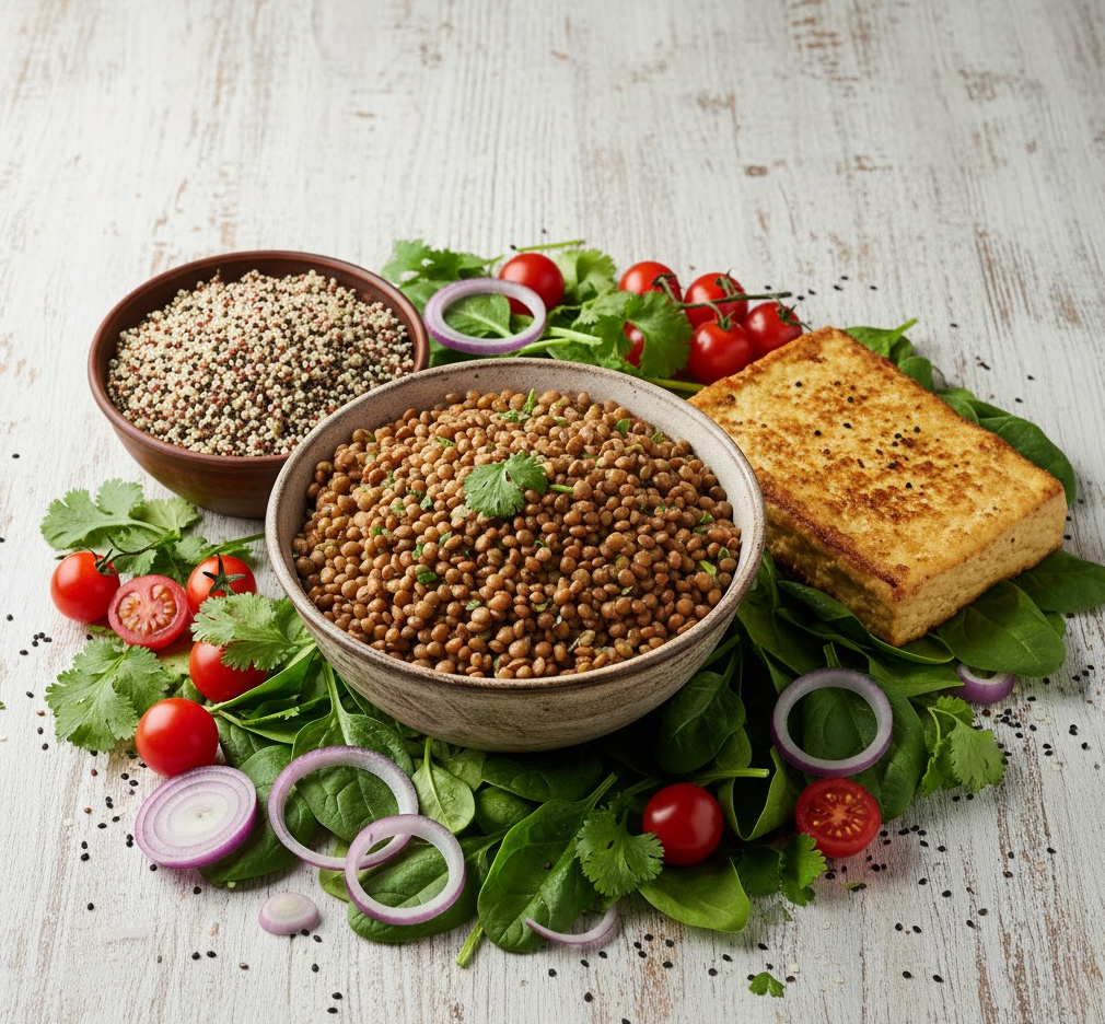 A colorful spread of vegan protein sources, including a bowl of lentils, a block of tofu, and cooked quinoa.