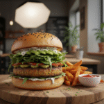 A mouth-watering, perfectly cooked vegan mushroom and walnut burger, topped with fresh avocado slices and greens, ready to be eaten.