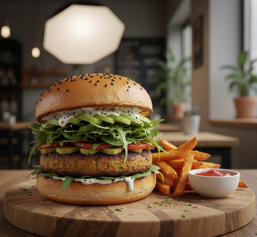 A mouth-watering, perfectly cooked vegan mushroom and walnut burger, topped with fresh avocado slices and greens, ready to be eaten.