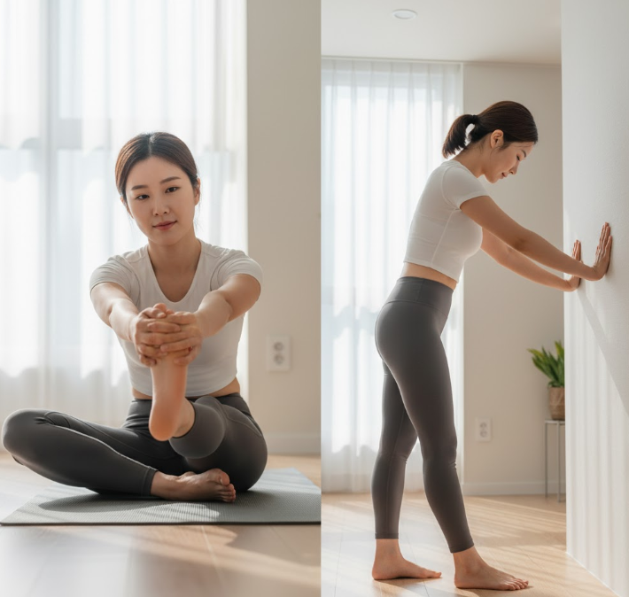 woman performing plantar fascia and Achilles tendon stretches, focusing on lengthening the foot arch and bending toes backward to release stiffness.