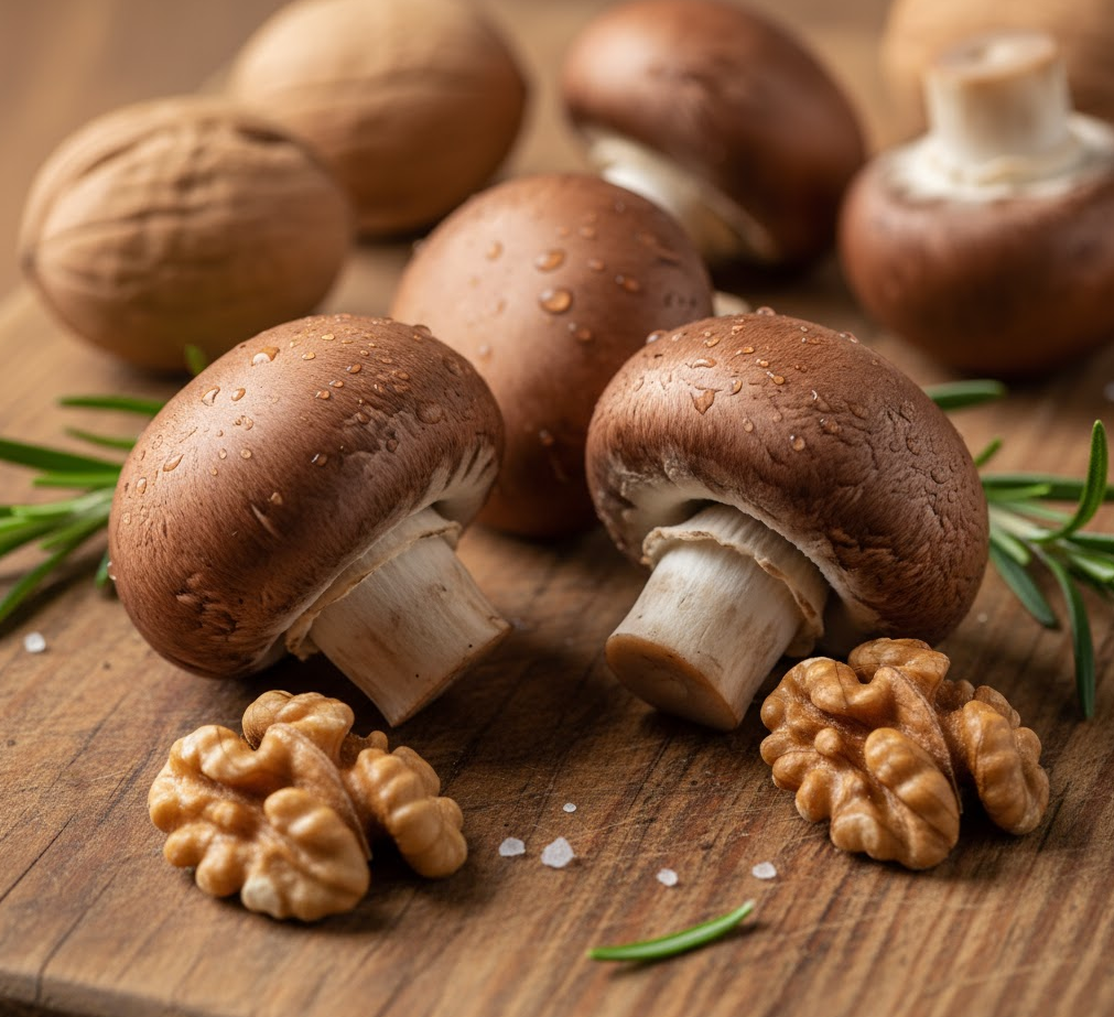 A vibrant close-up of fresh cremini mushrooms and walnuts, key ingredients for the vegan burger, artfully arranged on a wooden board.
