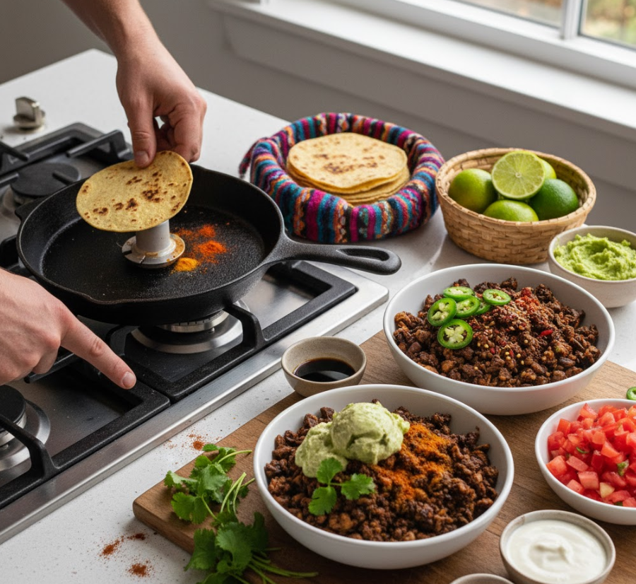 "A person's hands are preparing tortillas on a cast iron pan on a stove, surrounded by bowls of taco ingredients like seasoned ground meat, guacamole, diced tomatoes, limes, and a stack of warm tortillas in a colorful basket."