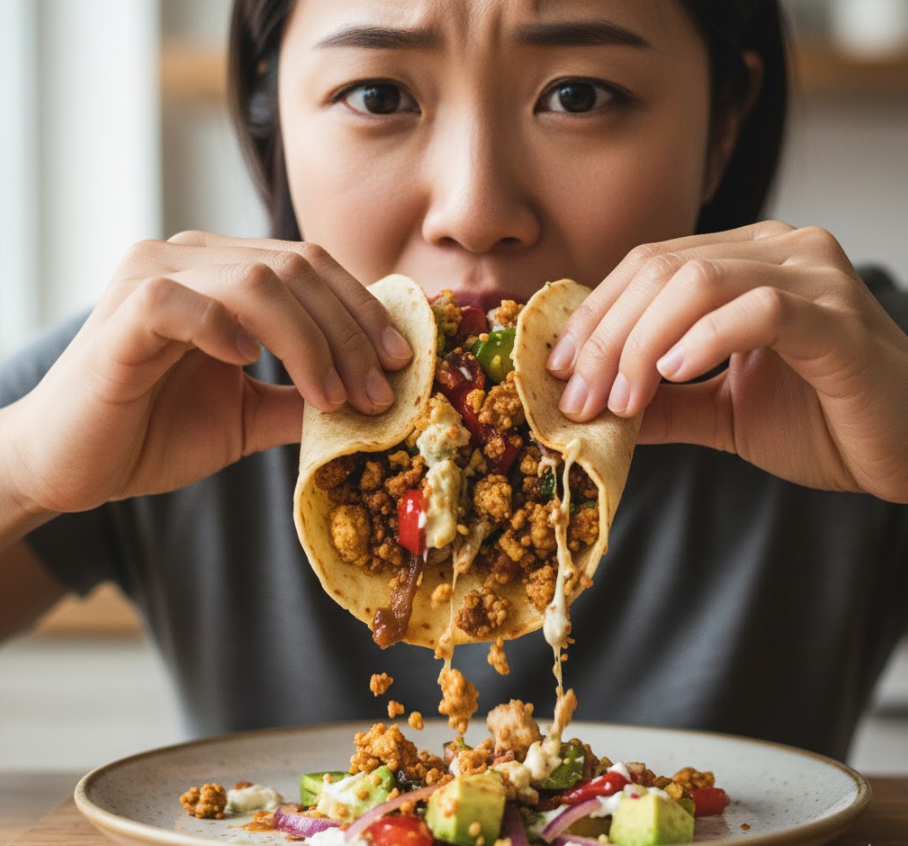 A close-up shot of a Korean woman's hands as a loaded vegan taco falls apart during the first bite.