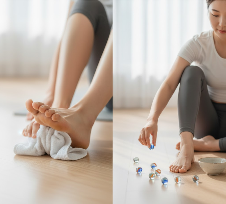 woman performing towel scrunch and marble pickup exercises with her toes, focusing on strengthening the intrinsic foot muscles and arch.