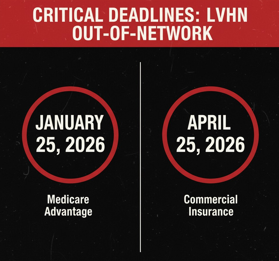 Critical Deadlines, Termination Dates, LVHN, UnitedHealthcare, Medicare Advantage, Commercial Insurance, January 25, 2026, April 25, 2026, Out-of-Network, Healthcare