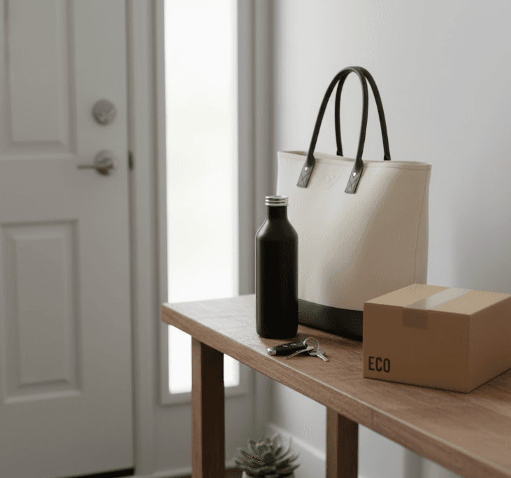 Visualize the three simple items you need for the "Bag, Bottle, Box" method, making them easy to grab on the way out.