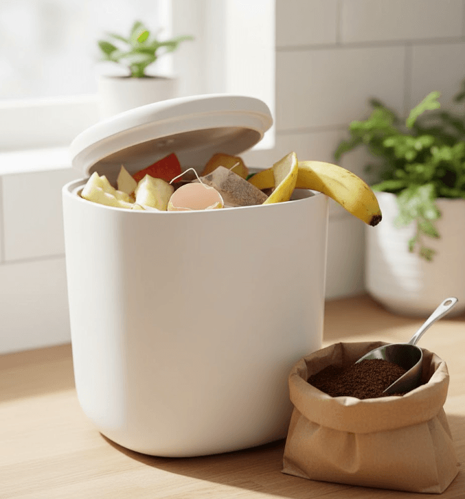 Show that composting can be clean and simple, even in a small kitchen, by using a sealed countertop bin.